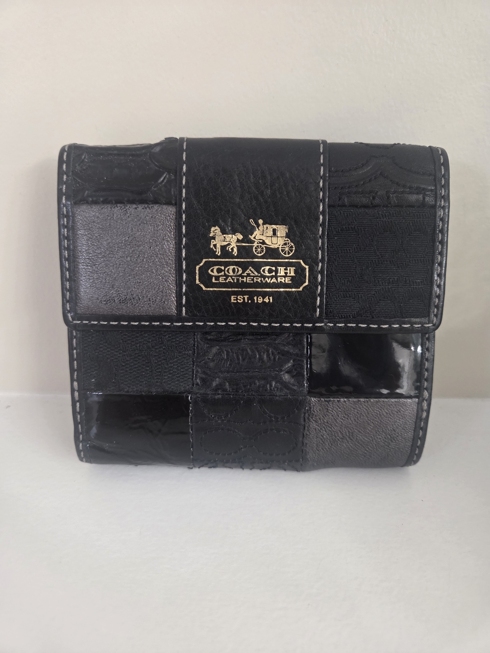 Coach Patchwork Black Gray Trifold Wallet